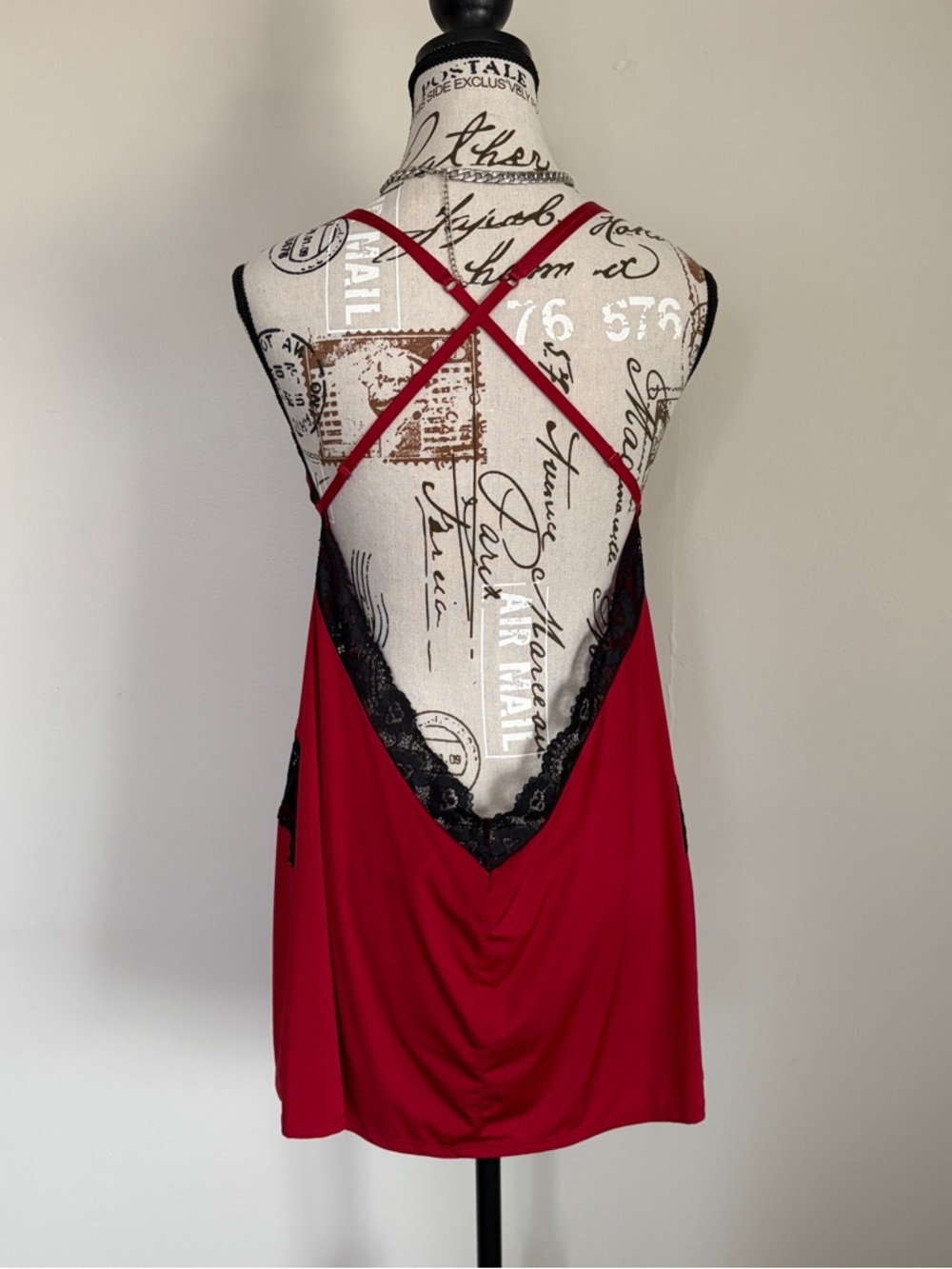 Y2K La Senza low back red mini slip dress with lace trim - Picture 4 of 8